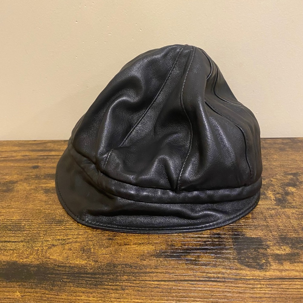 Nordstrom Black Genuine Leather Newsboy Cap Made in Italy Baker Boy Hat